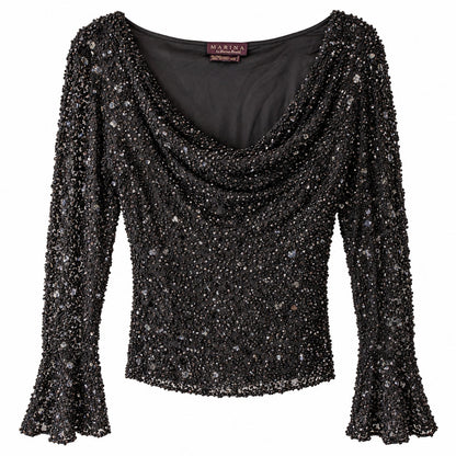 Marina Black Beaded Sequin Silk Top Cowl Neck Bell Sleeve Size L