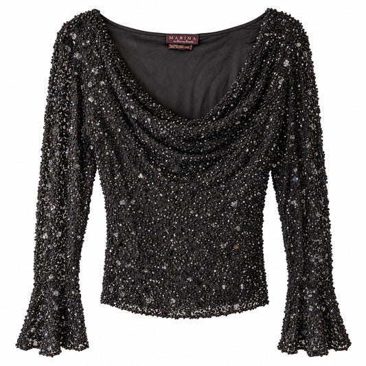 Marina Black Beaded Sequin Silk Top Cowl Neck Bell Sleeve Size L