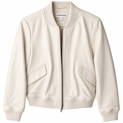 Nordstrom Ivory Genuine Leather Bomber Jacket Zip Front Ribbed Knit Trim