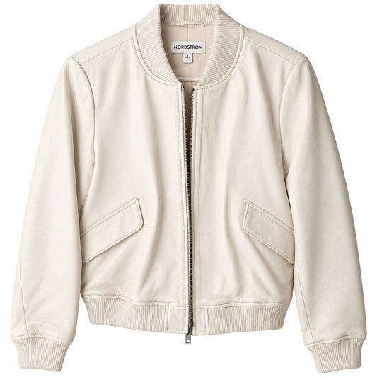 Nordstrom Ivory Genuine Leather Bomber Jacket Zip Front Ribbed Knit Trim
