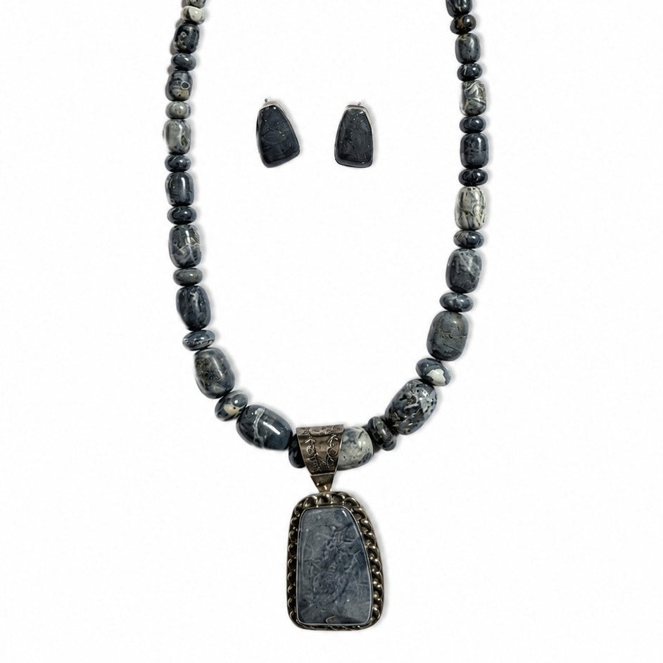 Jay King Gray Jasper Sterling Silver Necklace Earrings Set 925 Pendant