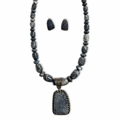 Jay King Gray Jasper Sterling Silver Necklace Earrings Set 925 Pendant
