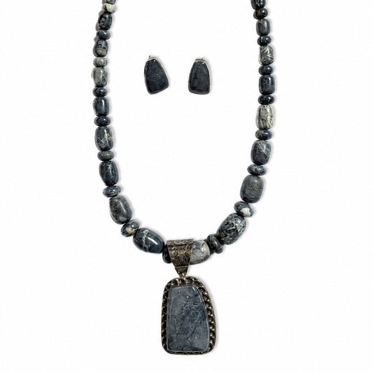 Jay King Gray Jasper Sterling Silver Necklace Earrings Set 925 Pendant