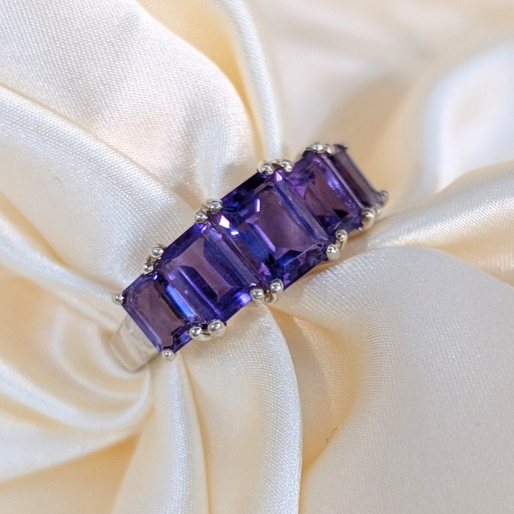 925 Sterling Silver Natural Amethyst Five-Stone Ring Size 7.75