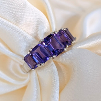 925 Sterling Silver Natural Amethyst Five-Stone Ring Size 7.75