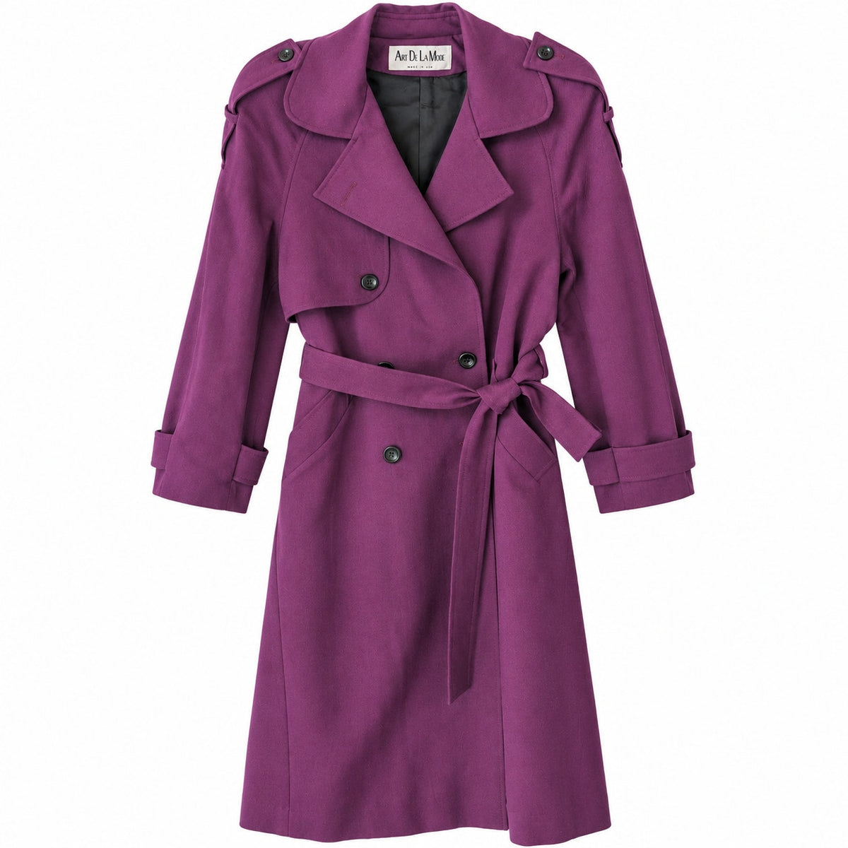 Vintage Art De La Mode Purple 100% Wool Trench Coat Belted Made in USA