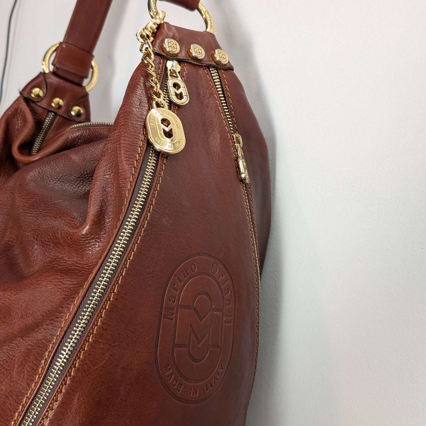 Marino Orlandi Cognac Brown Leather Convertible Backpack Shoulder Bag Made in Italy