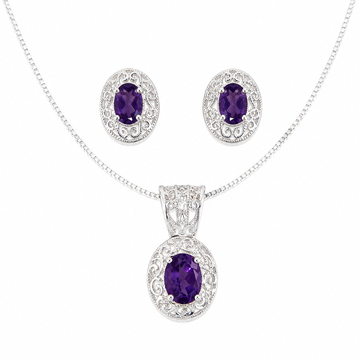925 Sterling Silver Amethyst Jewelry Set Necklace & Stud Earrings Filigree New