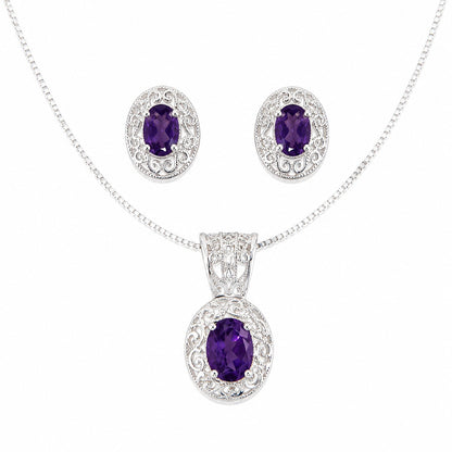 925 Sterling Silver Amethyst Jewelry Set Necklace & Stud Earrings Filigree New