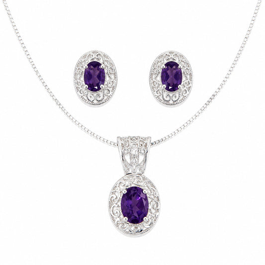 925 Sterling Silver Amethyst Jewelry Set Necklace & Stud Earrings Filigree New