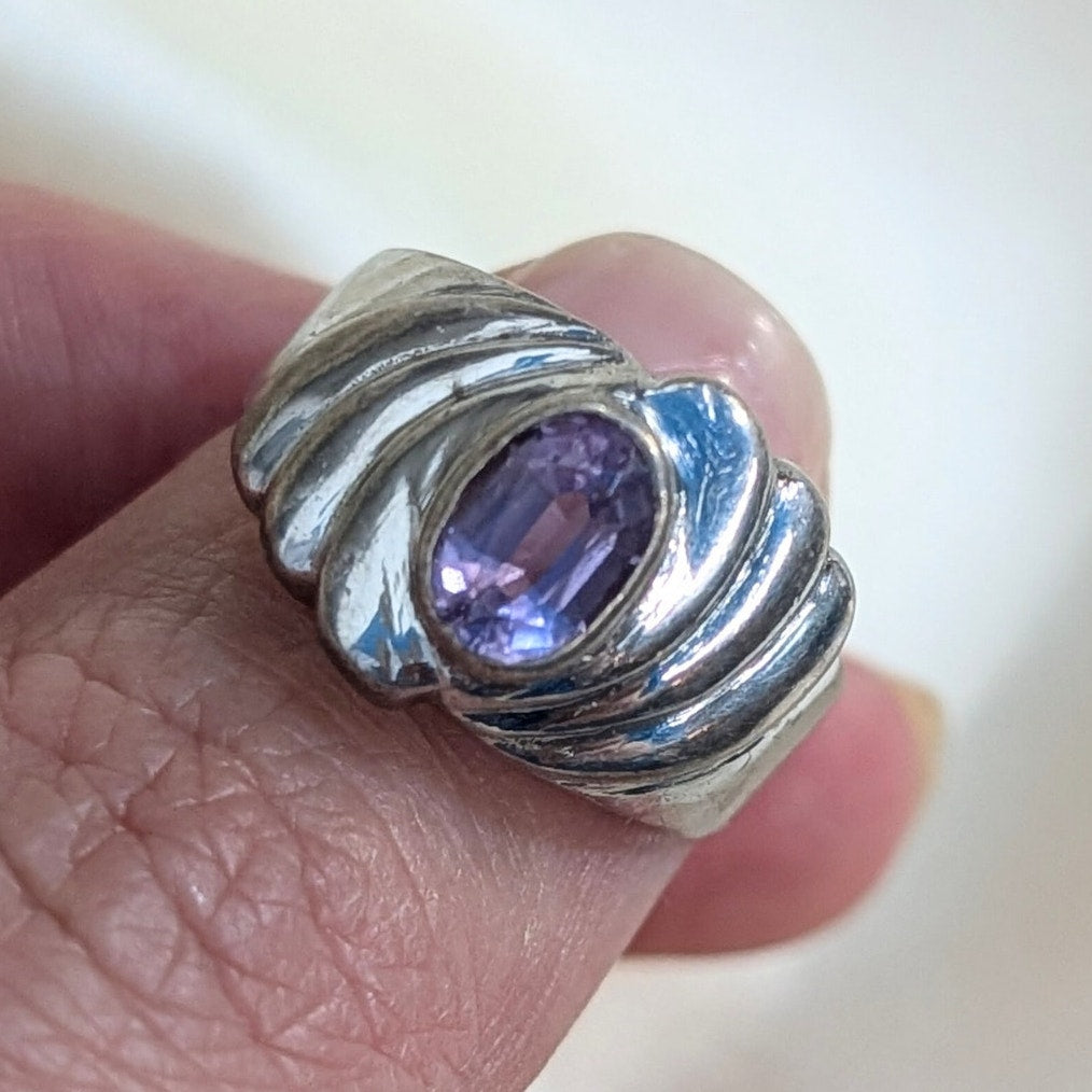 Vintage 925 Sterling Silver Amethyst Ring Size 7 Sculptural Statement Ring