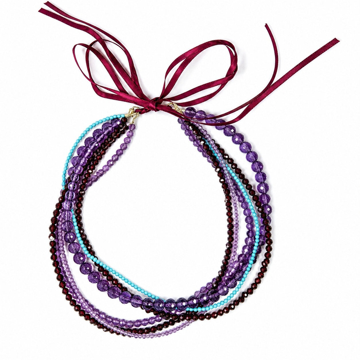 Artisan 6 Strand Garnet Amethyst Turquoise Necklace Sterling Silver Adjustable