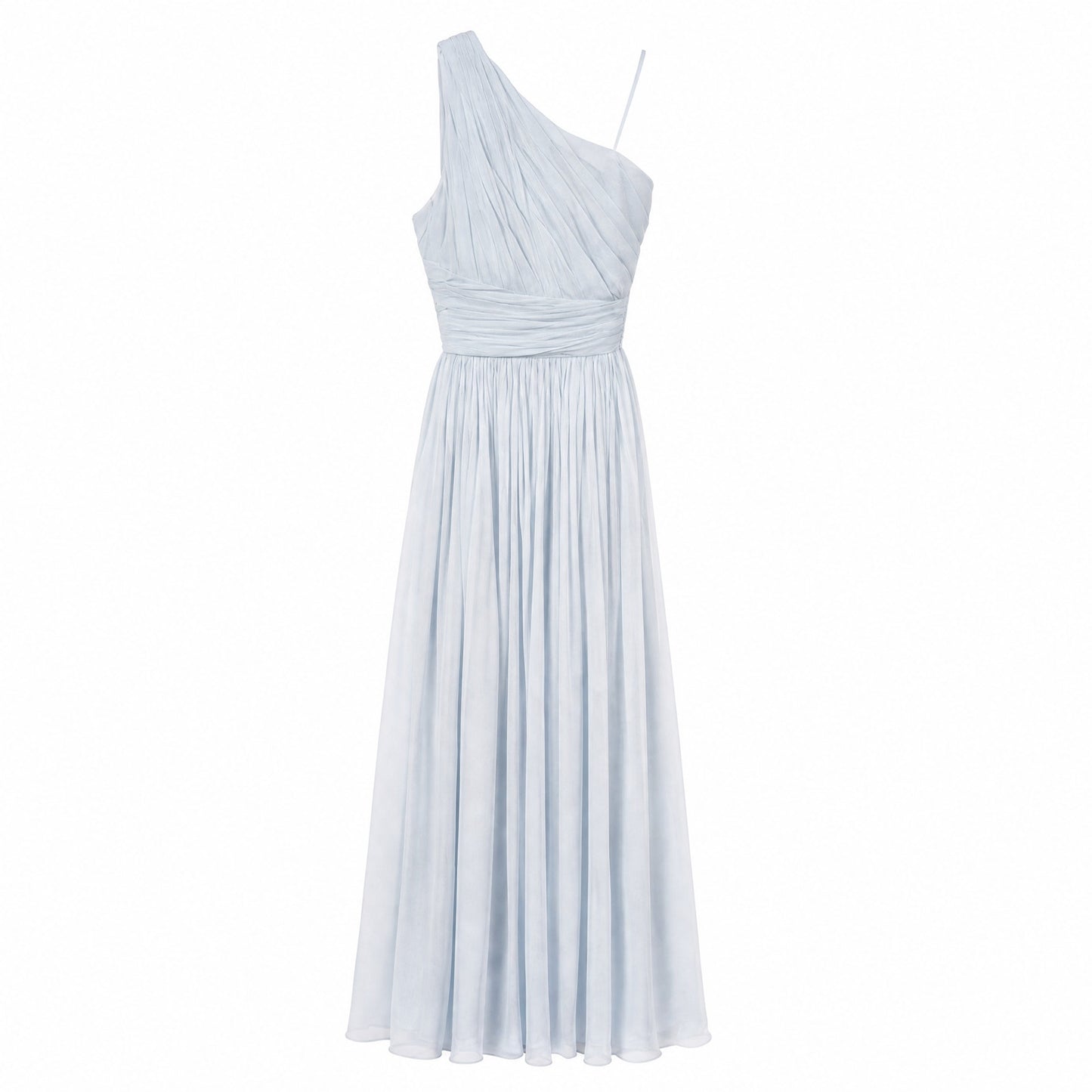 100% Silk  Pamella Roland Ice Blue One-Shoulder Pleated Chiffon Gown | Boned Bodice | Formal