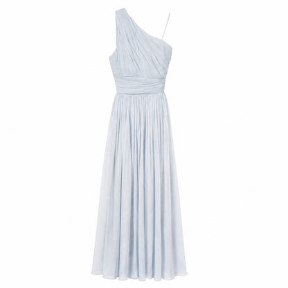 100% Silk  Pamella Roland Ice Blue One-Shoulder Pleated Chiffon Gown | Boned Bodice | Formal