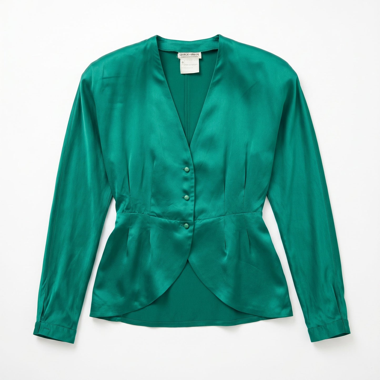 100% Silk Satin Giorgio Armani Emerald Teal  Peplum Blouse IT38 / US 2