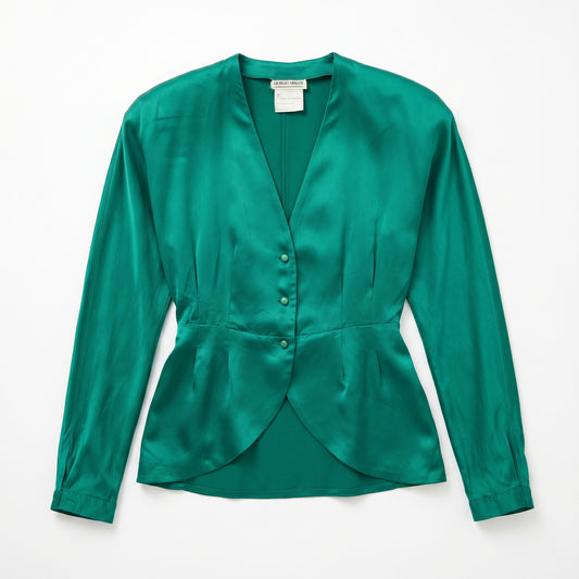 100% Silk Satin Emerald Teal Peplum Blouse Giorgio Armani | IT 38 / US 2