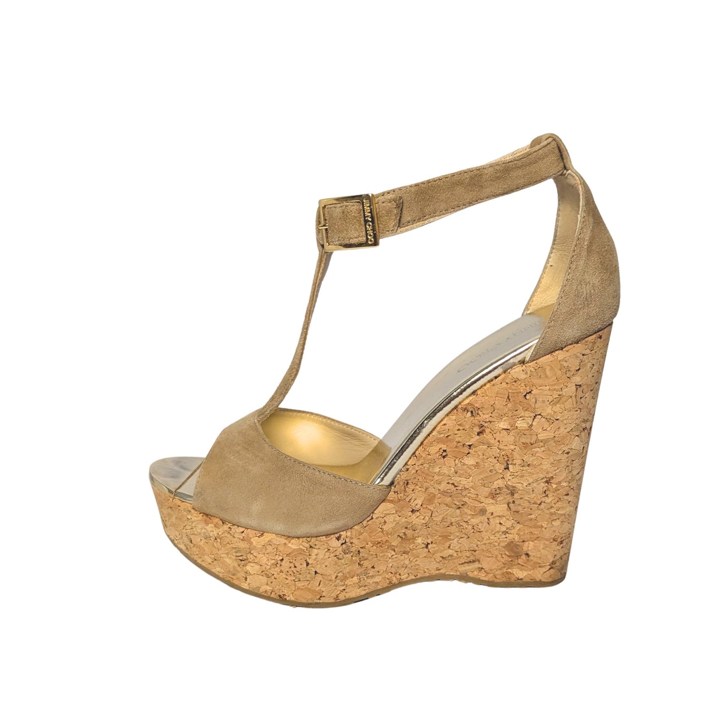 jimmy choo, platform sandals, ankle strap, tan suede, cork platform, tan, light brown, sand, gold, wedge, pela
