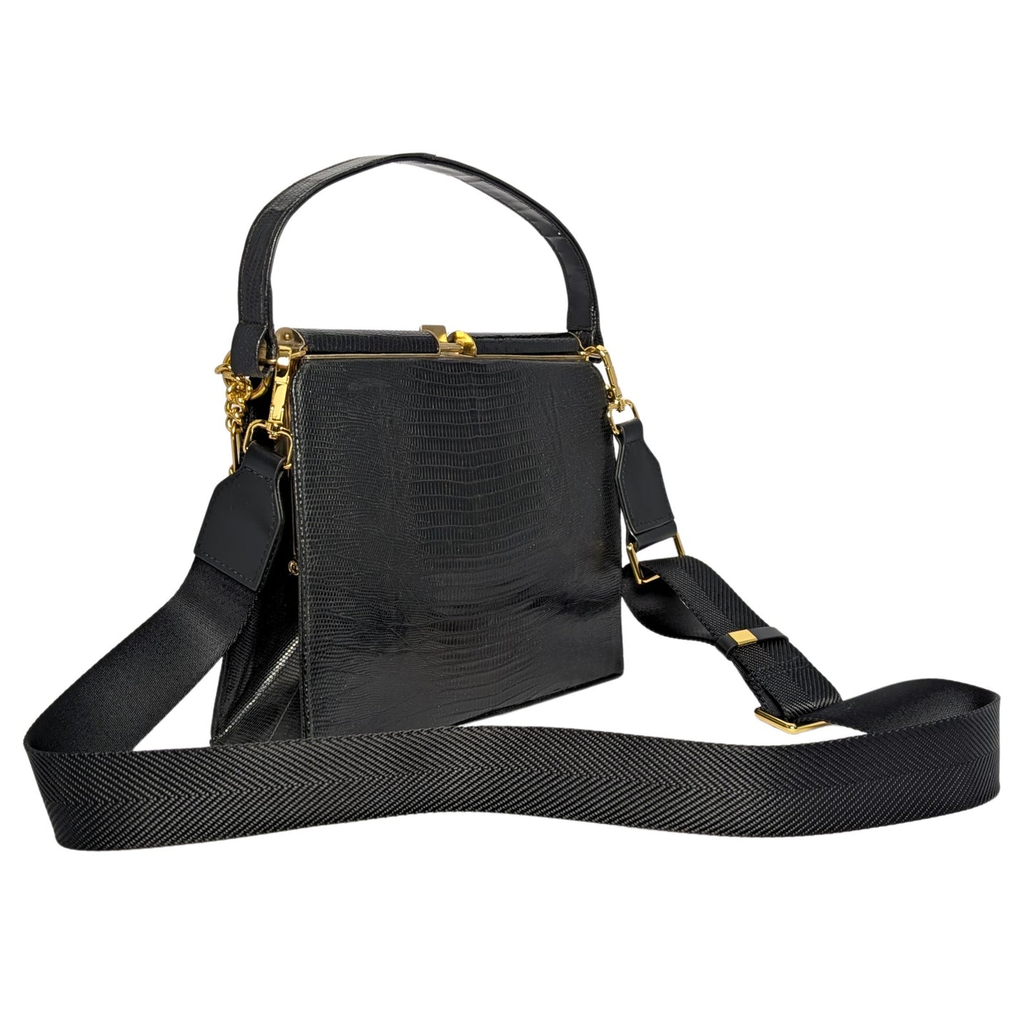 100%  Genuine Lizard Skin Bellestone Vintage Handbag Black Leather Top Handle Purse Upgraded Crossbody