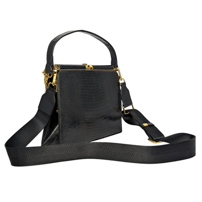 100%  Genuine Lizard Skin Bellestone Vintage Handbag Black Leather Top Handle Purse Upgraded Crossbody