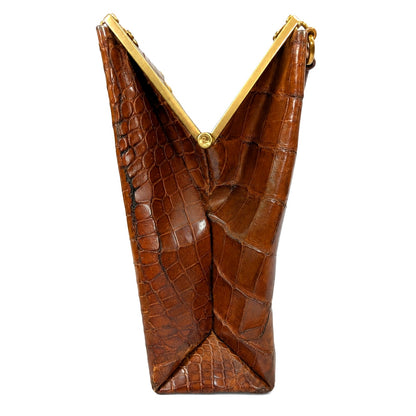 Vintage 100% Genuine Crocodile Skin Handbag Brown Suede Lined Gold Frame Shoulder Strap Mirror