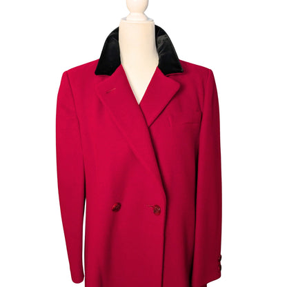 Vintage Raspberry Red Wool Double-Breasted Coat with Black Velvet Collar