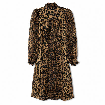 100% Silk Stanley Sherman Leopard Print Midi Dress | Bow Tie Neck