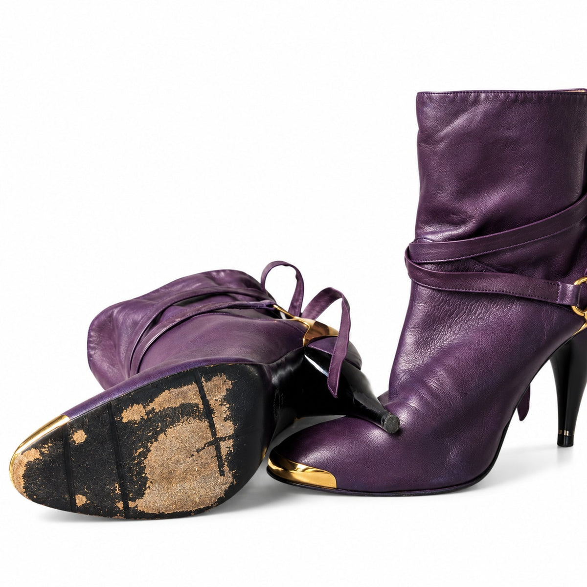 Vintage Purple Genuine Leather Slouch Ankle Boots Gold Toe Cap Wrap Tie EU 40