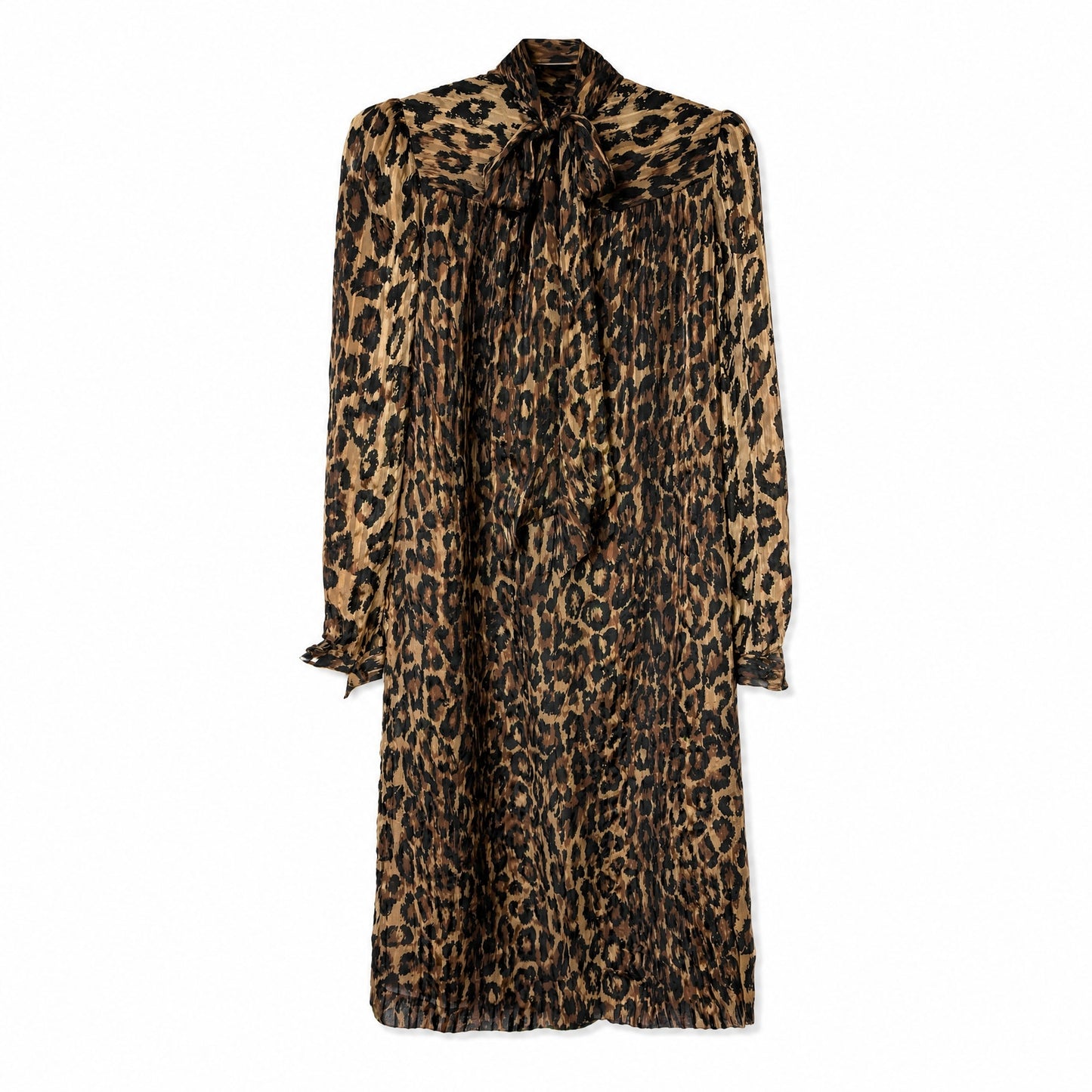 100% Silk Stanley Sherman Leopard Print Midi Dress | Bow Tie Neck