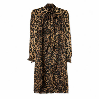 100% Silk Stanley Sherman Leopard Print Midi Dress | Bow Tie Neck