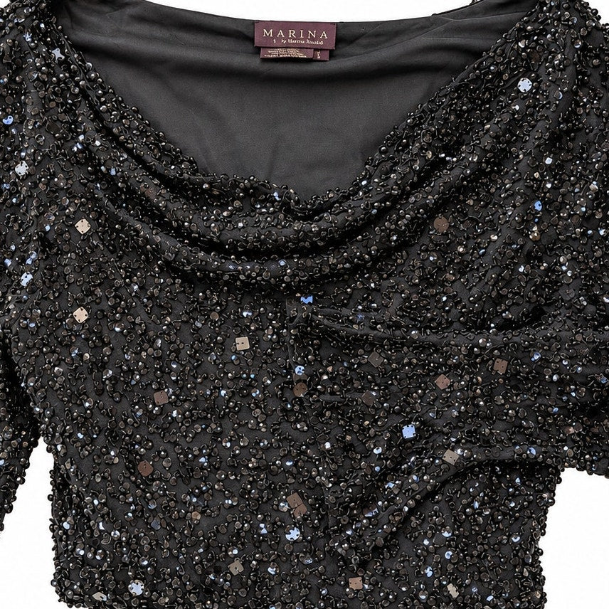 Marina Black Beaded Sequin Silk Top Cowl Neck Bell Sleeve Size L