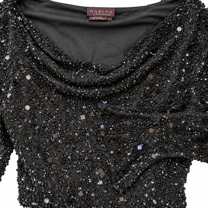 Marina Black Beaded Sequin Silk Top Cowl Neck Bell Sleeve Size L
