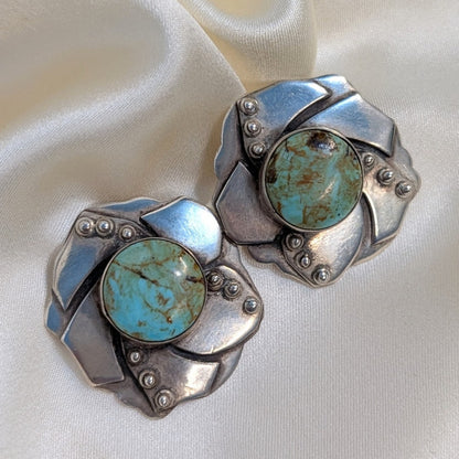 intage 925 Sterling Silver Natural Turquoise Statement Floral Stud Earrings