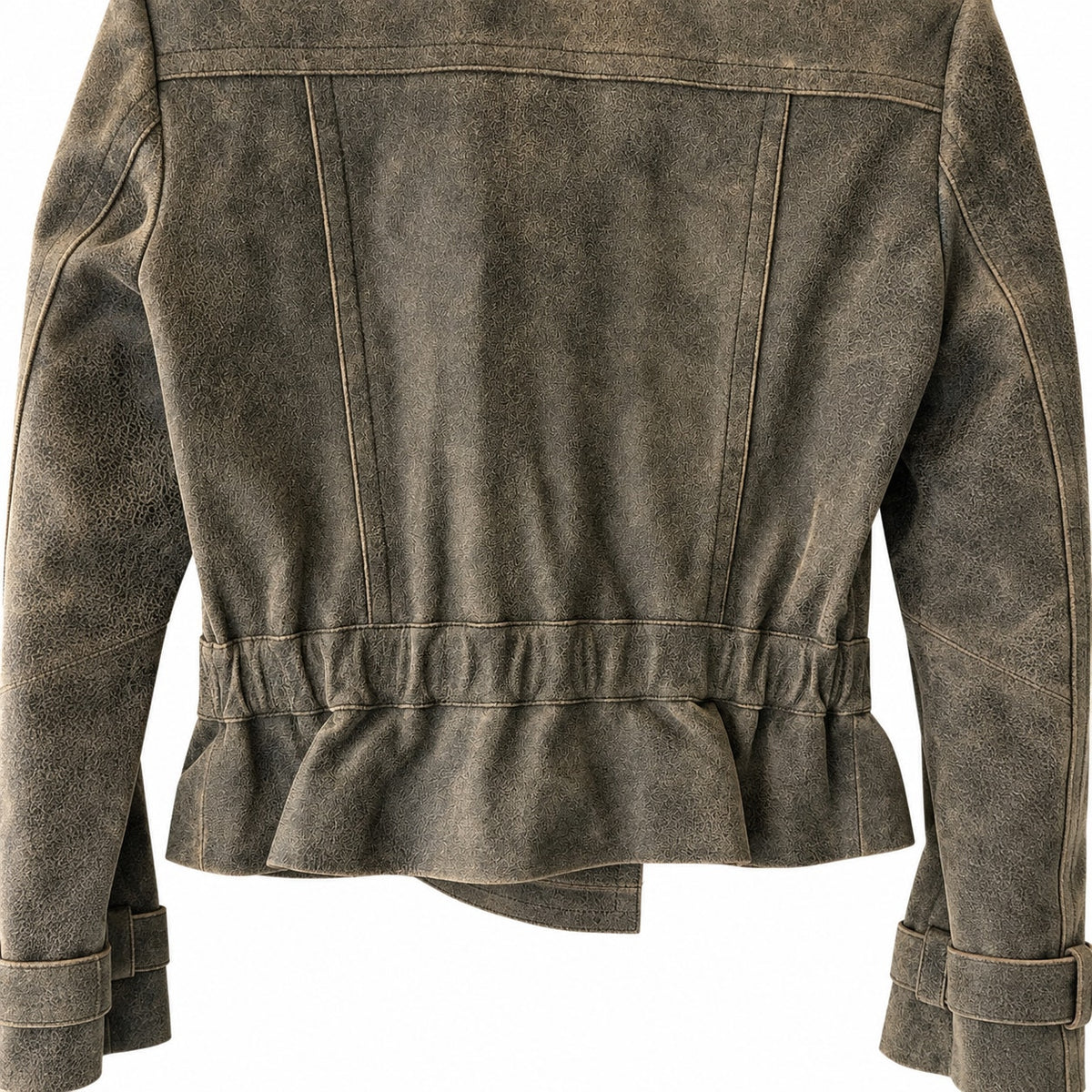 Express Distressed Leather Double Breasted Cropped Jacket Olive Peplum Size S