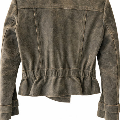 Express Distressed Leather Double Breasted Cropped Jacket Olive Peplum Size S