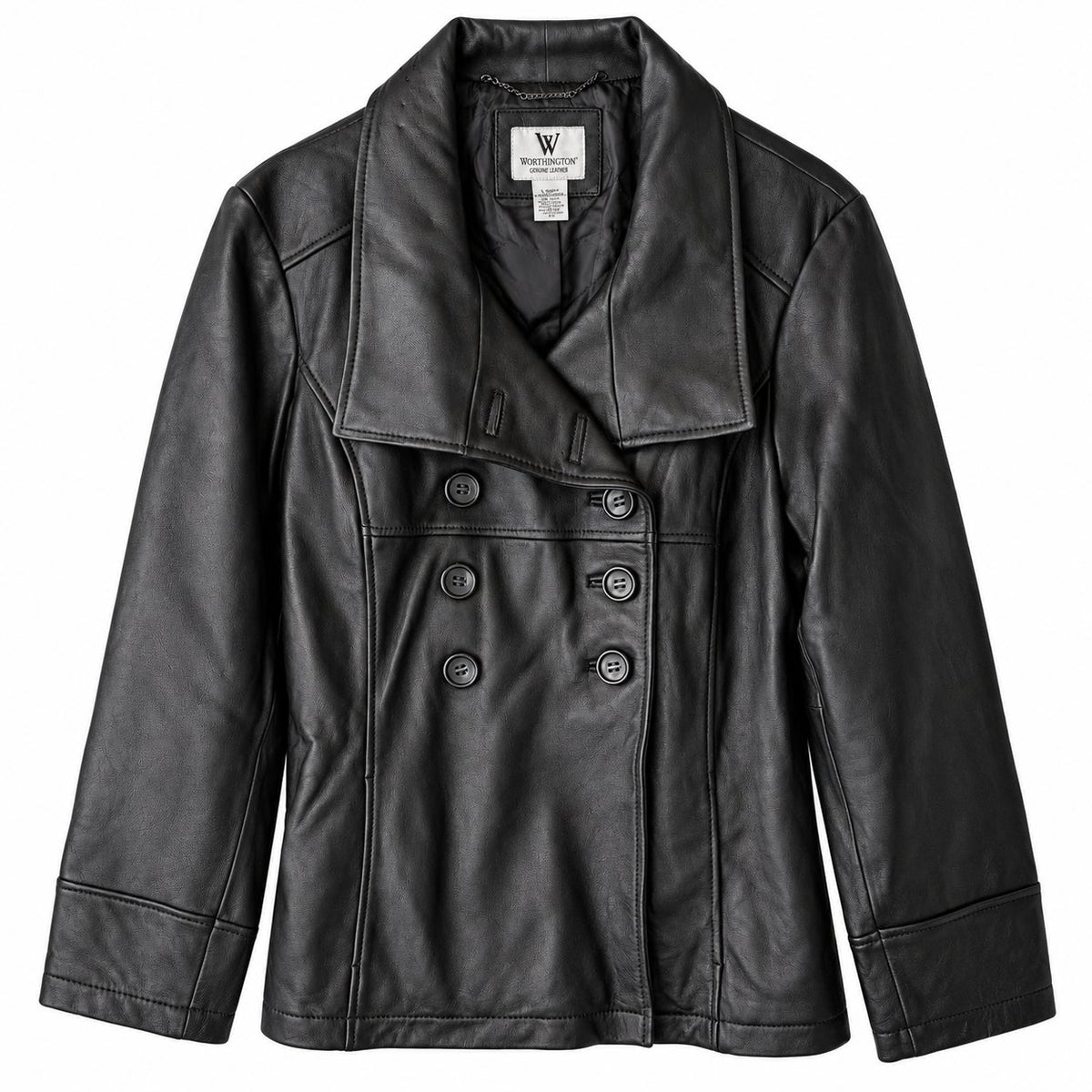 Worthington Black Genuine Lambskin Leather Peacoat Jacket Double Breasted XL NWT