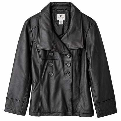 Worthington Black Genuine Lambskin Leather Peacoat Jacket Double Breasted XL NWT