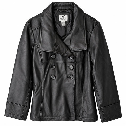 Worthington Black Genuine Lambskin Leather Peacoat Jacket Double Breasted XL NWT