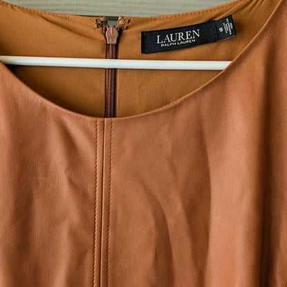 Lauren Ralph Lauren Lamb Leather Fit & Flare Dress, Cognac, Buckle Tab, Size 18