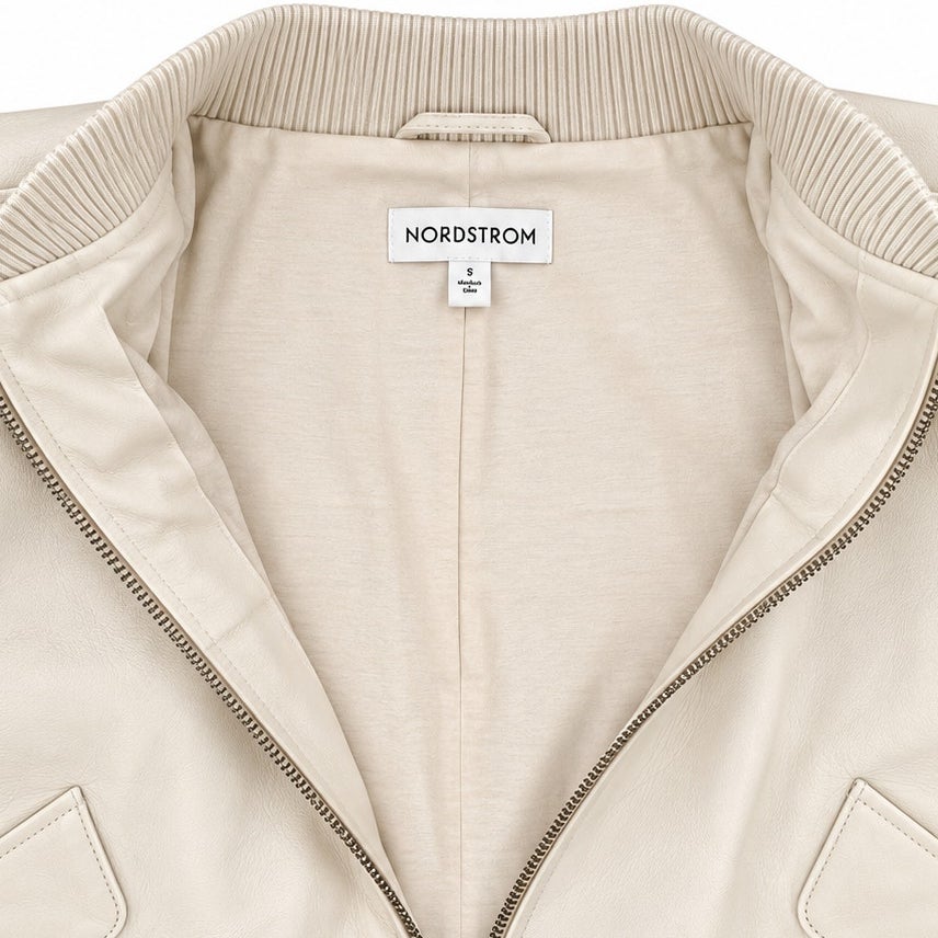 Nordstrom Ivory Genuine Leather Bomber Jacket Zip Front Ribbed Knit Trim