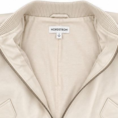 Nordstrom Ivory Genuine Leather Bomber Jacket Zip Front Ribbed Knit Trim