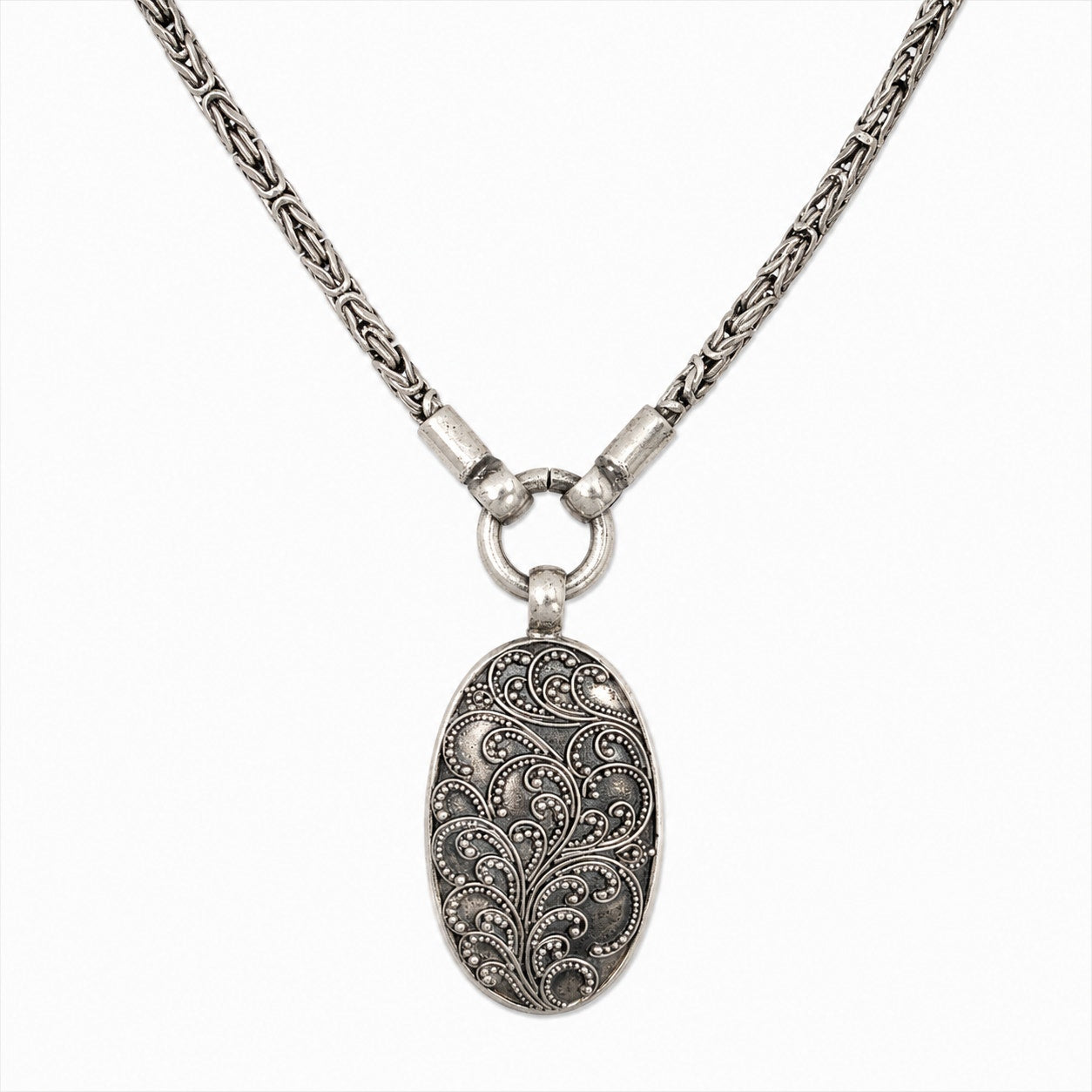 925 Sterling Silver Oval Filigree Pendant Necklace Long Vintage Style 17" Double Chain