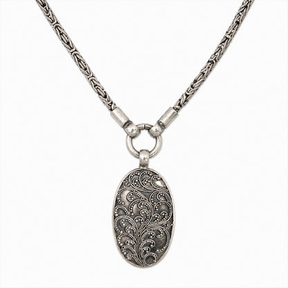 925 Sterling Silver Oval Filigree Pendant Necklace Long Vintage Style 17" Double Chain