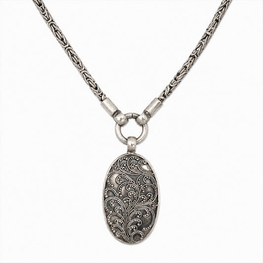 925 Sterling Silver Oval Filigree Pendant Necklace Long Vintage Style 17" Double Chain