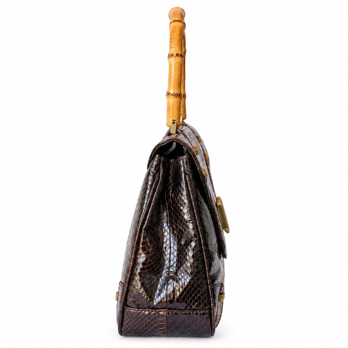 Vintage Genuine Snakeskin Handbag Brown Bamboo Handle Top Handle Bag