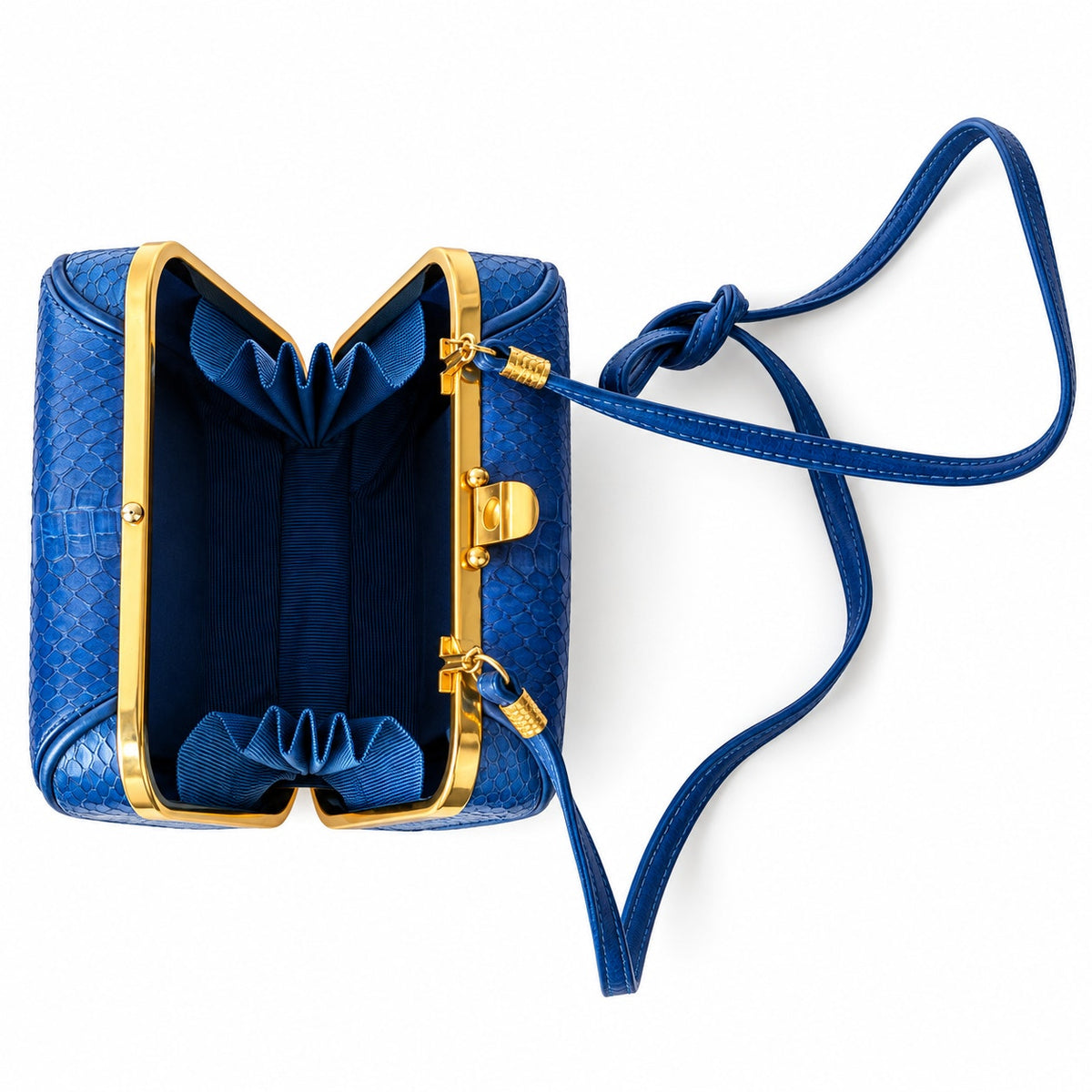 Vintage Genuine Snakeskin Frame Bag Blue Gold Crossbody Shoulder Purse