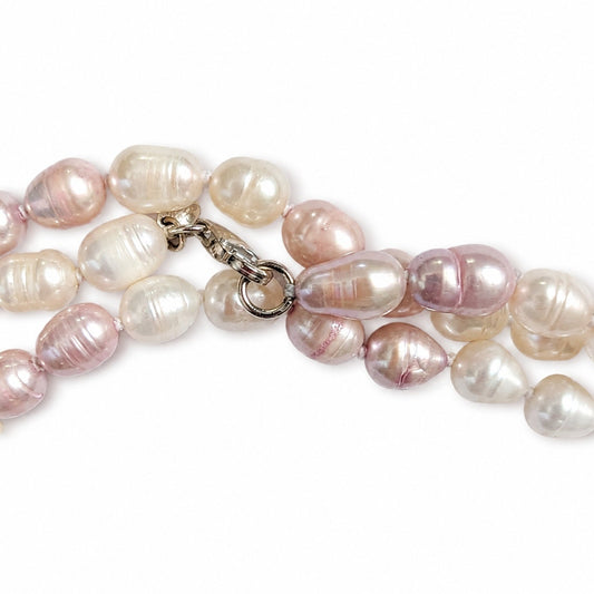 64" Cultured Baroque Pearl Necklace White & Pink 925 Silver Clasp