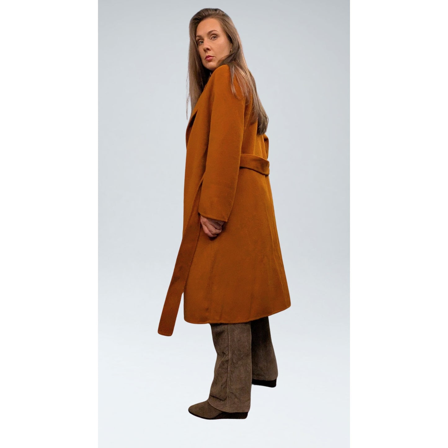 wrap coat, wool coat, orange coat, ochre, brown, robe coat, classic wrap coat, midi coat, unlined coat, cashmere coat, wool coat,