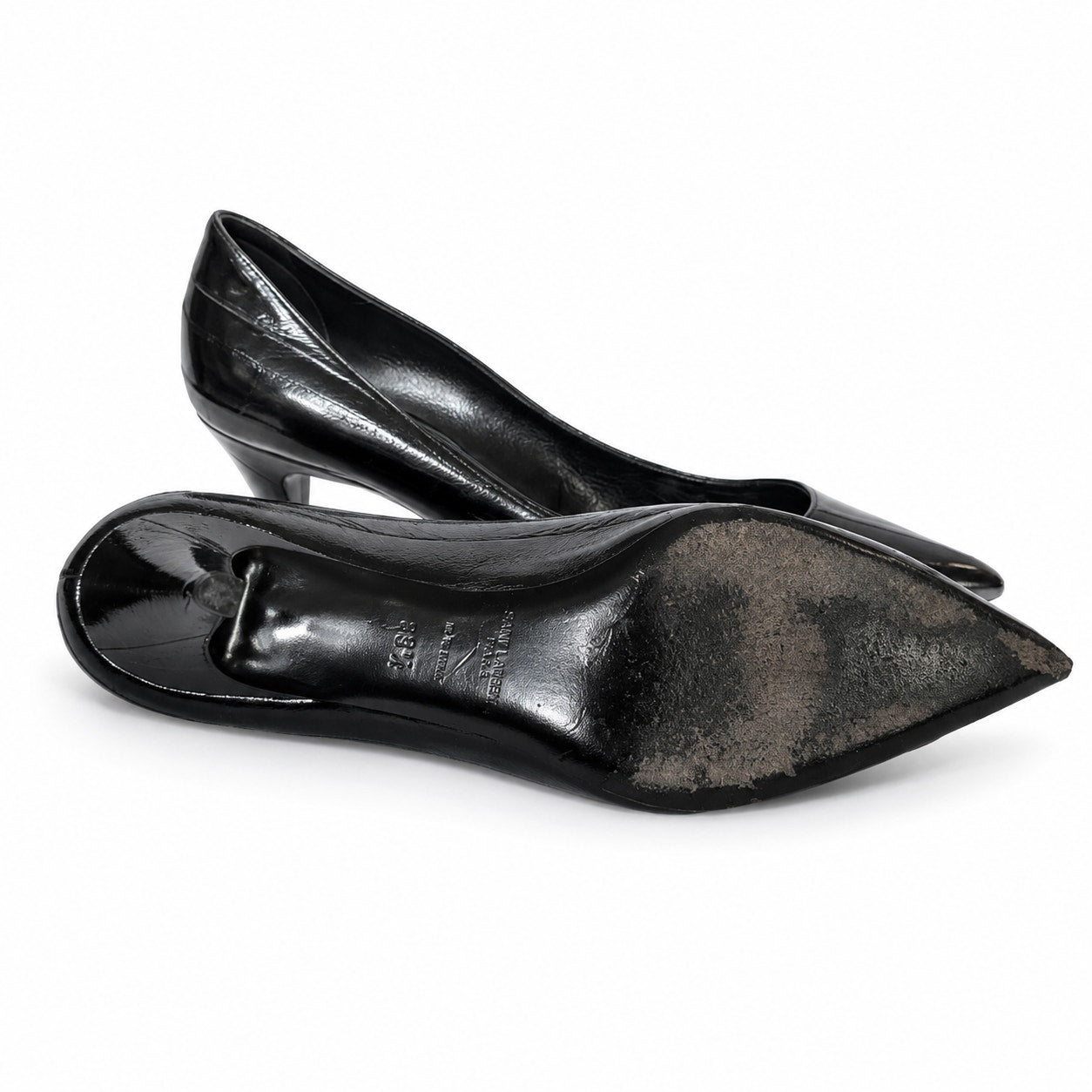 100% Genuine Eel Skin Saint Laurent Paris Black Kitten Heel Pumps Size 38.5 / US 8