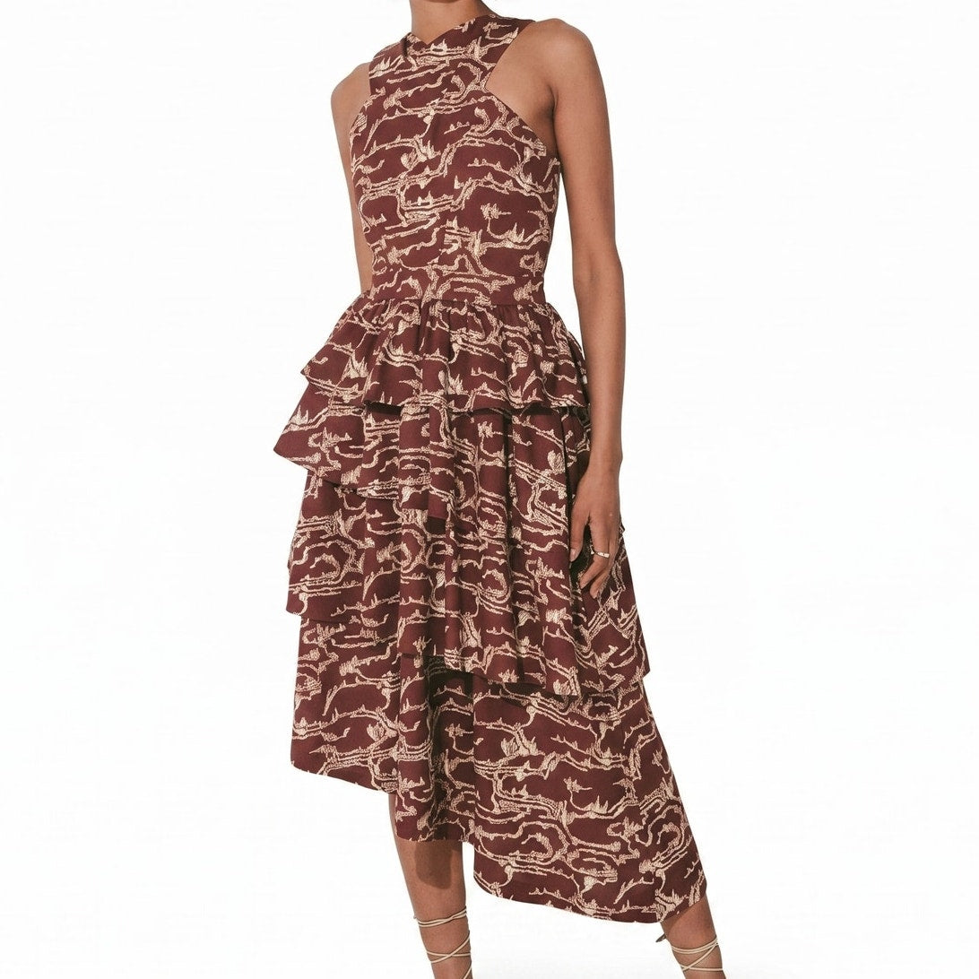 100% Cotton Cleobella Burgundy Abstract Print Halter Midi Dress | Tiered Ruffles