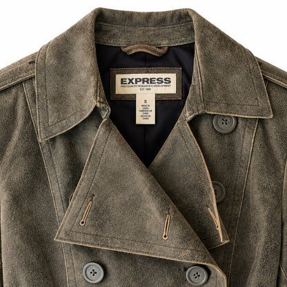 Express Distressed Leather Double Breasted Cropped Jacket Olive Peplum Size S